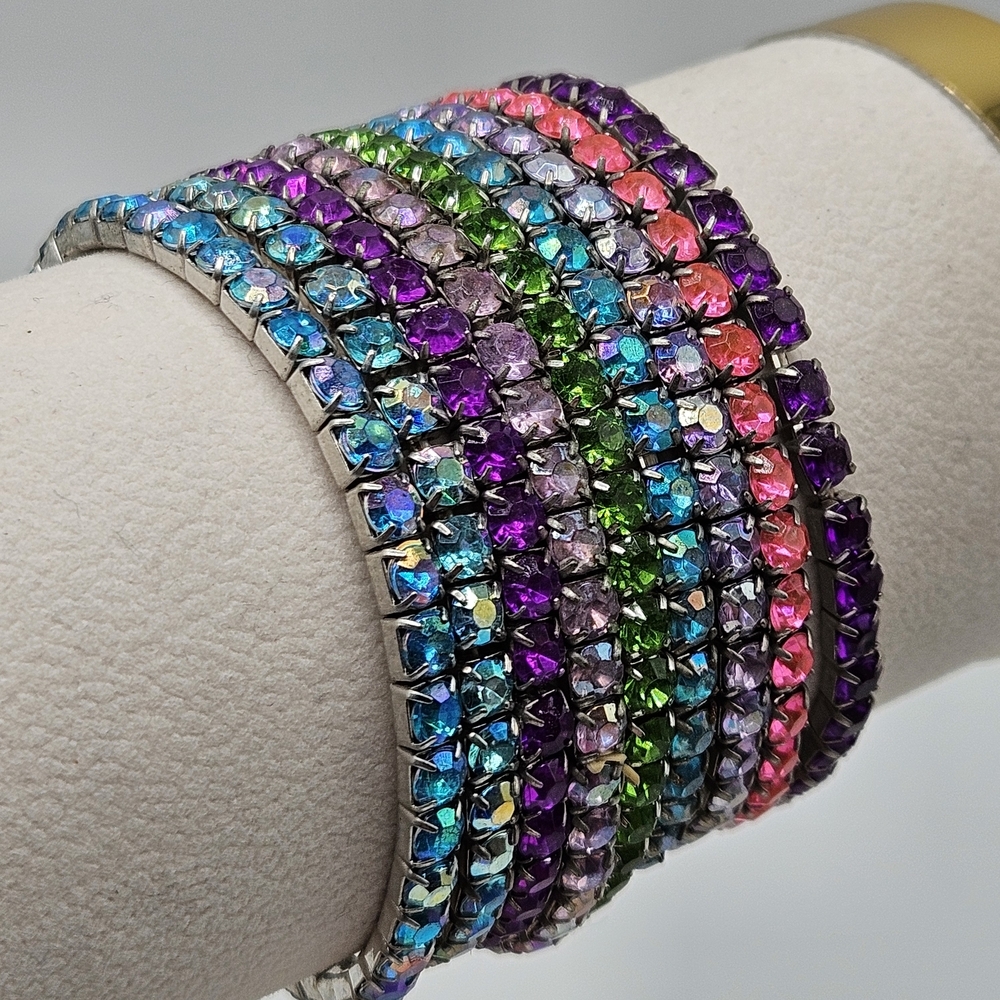 Rainbow Iridescent Rhinestone Stretch Thin Bracelet Set of 9 Purple Blue Green